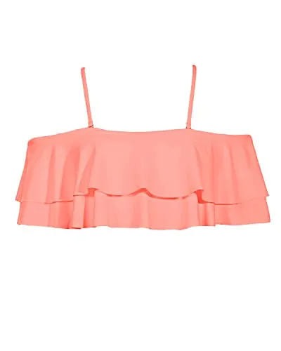 Adjustable Flounce Swimsuit Top Off Shoulder Swim Top-Coral Pink