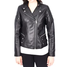 Black Leather Biker Jacket for Women Asymmetrical Zip Diamond Quilted Trendy Style Lila