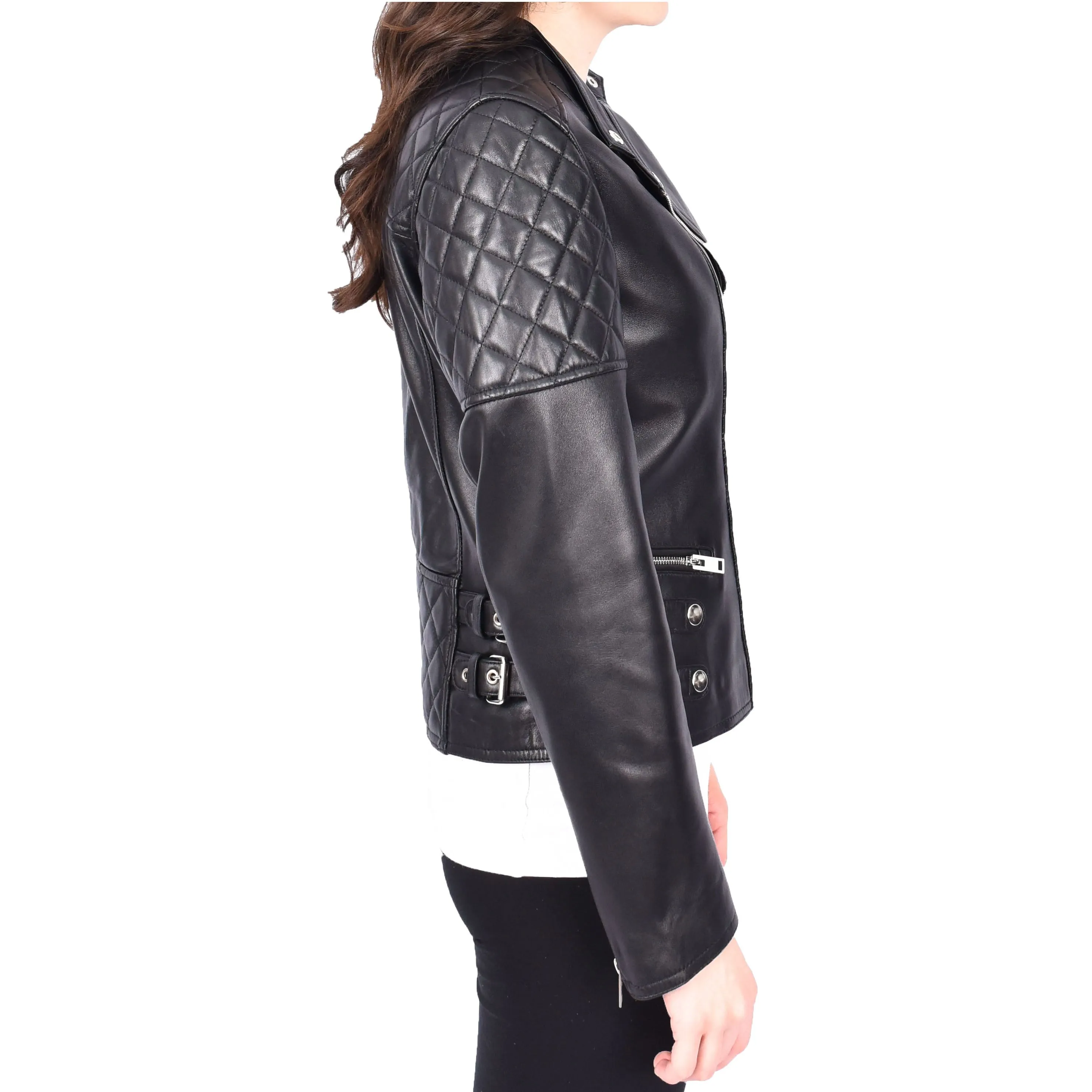 Black Leather Biker Jacket for Women Asymmetrical Zip Diamond Quilted Trendy Style Lila