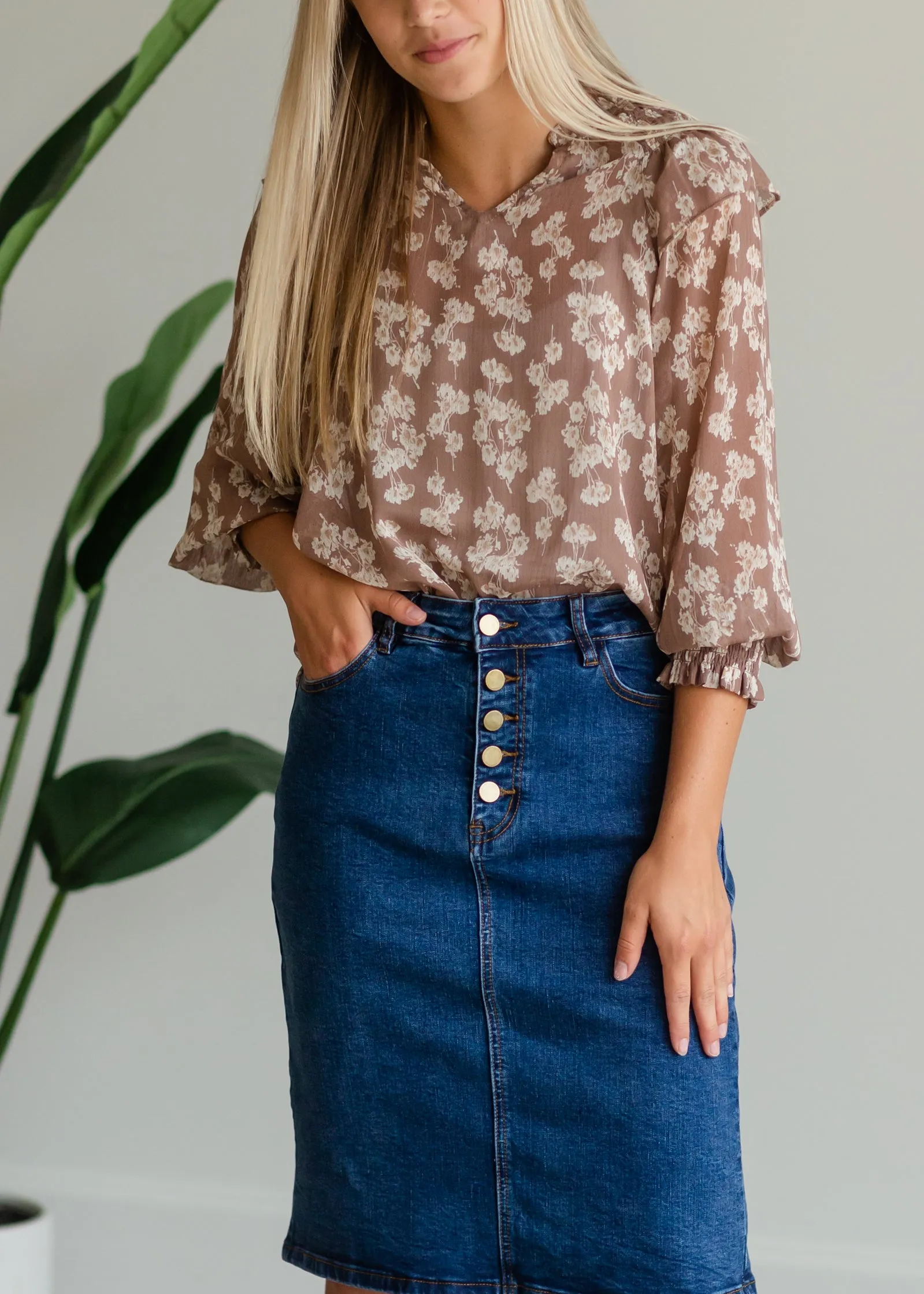 Brown Floral Smocked Blouse - FINAL SALE