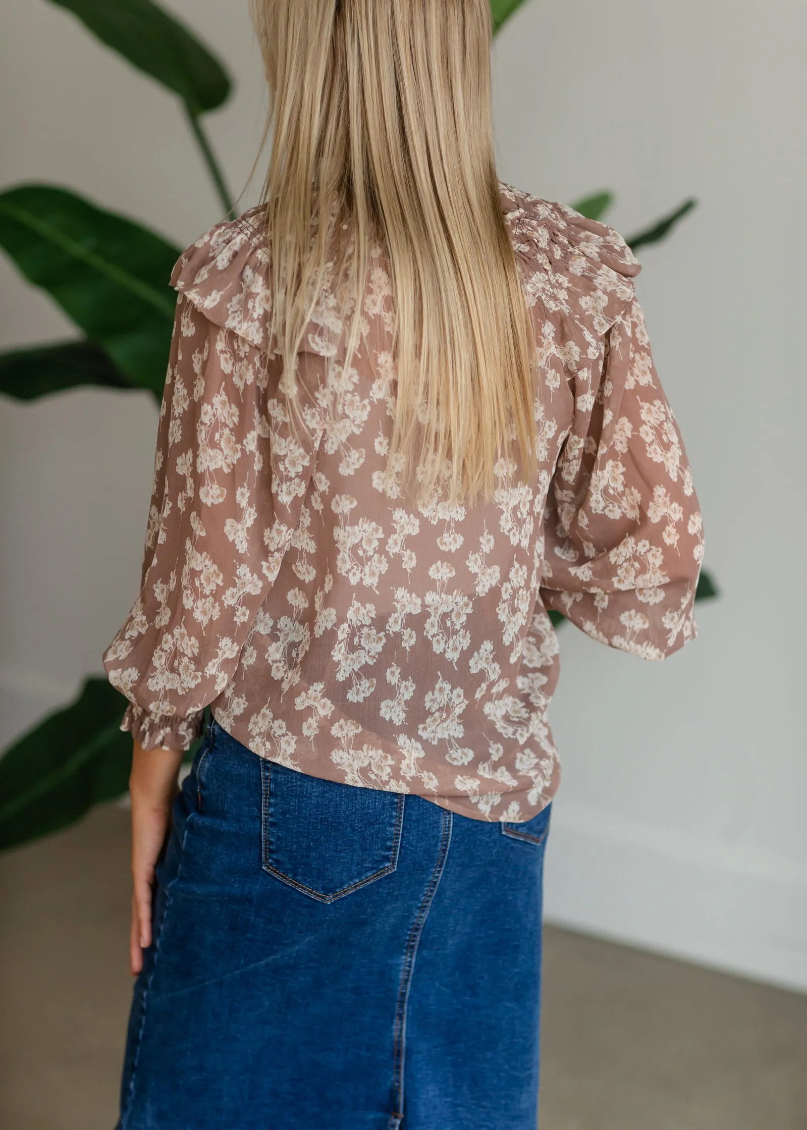 Brown Floral Smocked Blouse - FINAL SALE