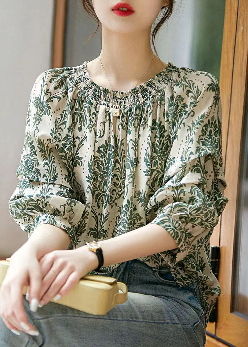 Chic Green Slash Neck Print Patchwork Chiffon Shirt Tops Summer LY6969