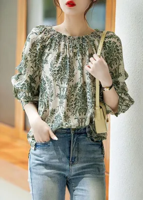 Chic Green Slash Neck Print Patchwork Chiffon Shirt Tops Summer LY6969