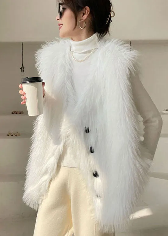 Chic White Button Fuzzy Fur Tops Sleeveless waistcoat