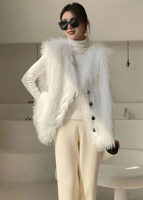 Chic White Button Fuzzy Fur Tops Sleeveless waistcoat