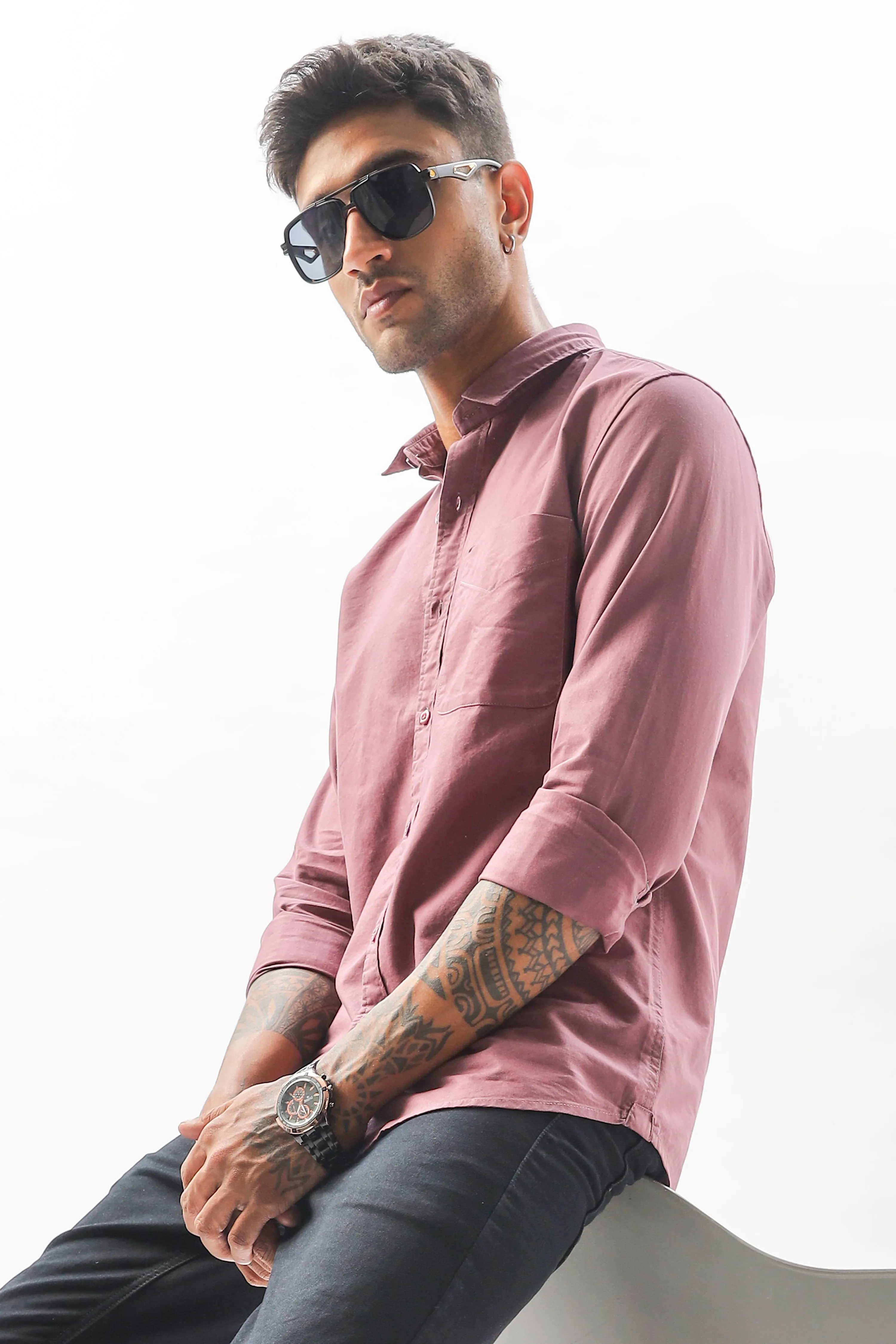 Dark Peach Regular Fit Plain Full Sleeve Shirt