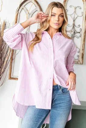 Full Size Striped Button Down High-Low Hem Shirt