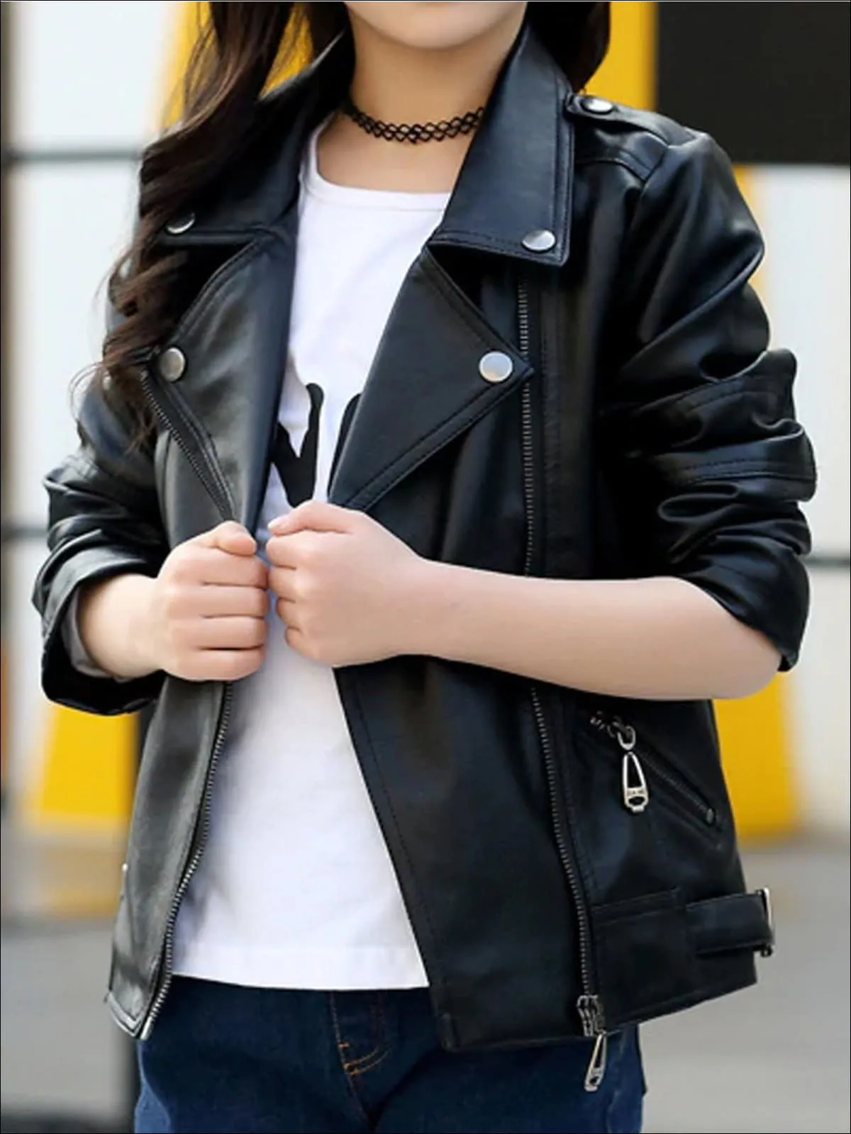 Girls  Leather Moto Jacket with Zipper Accents