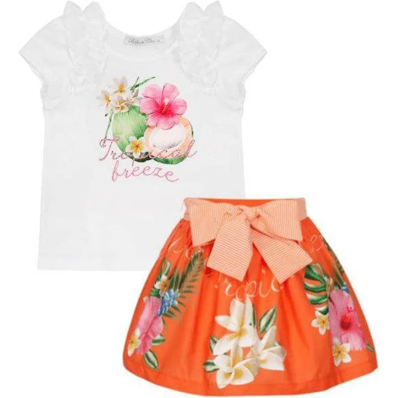 Girls Orange Tropical Skirt Set