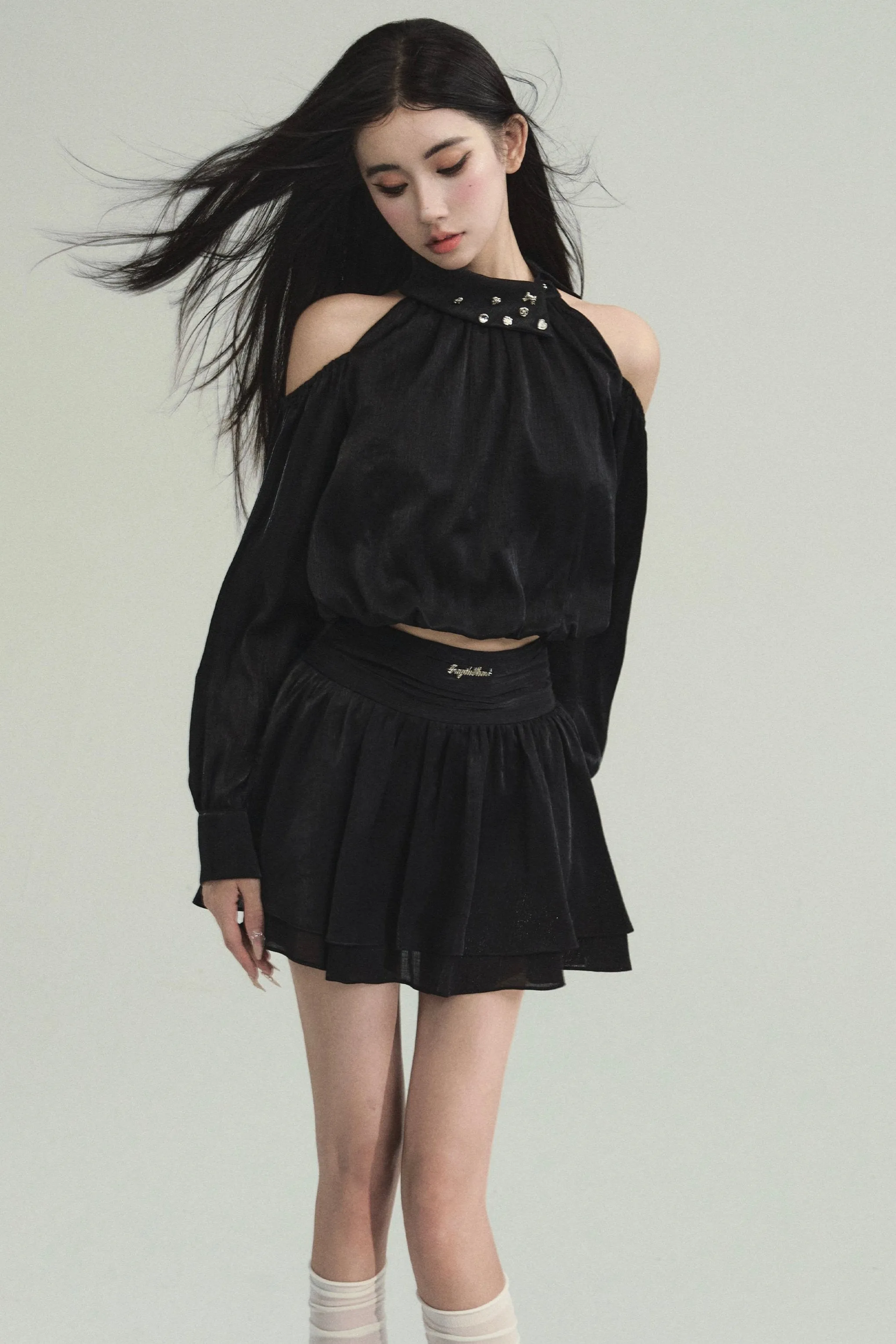 Gothic Chic Two-Piece Set: Tiered Skirt and Cold Shoulder Crop Top