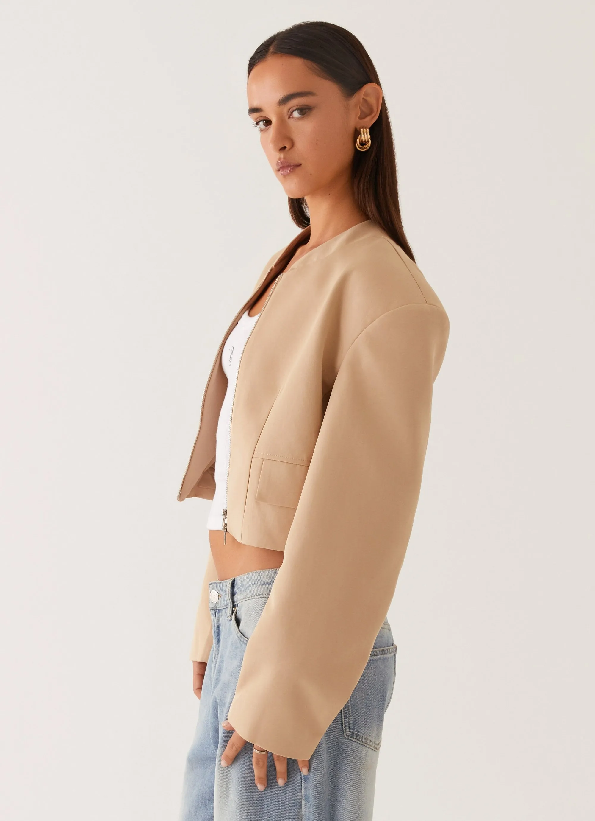 Halyn Cropped Bomber Jacket - Brown