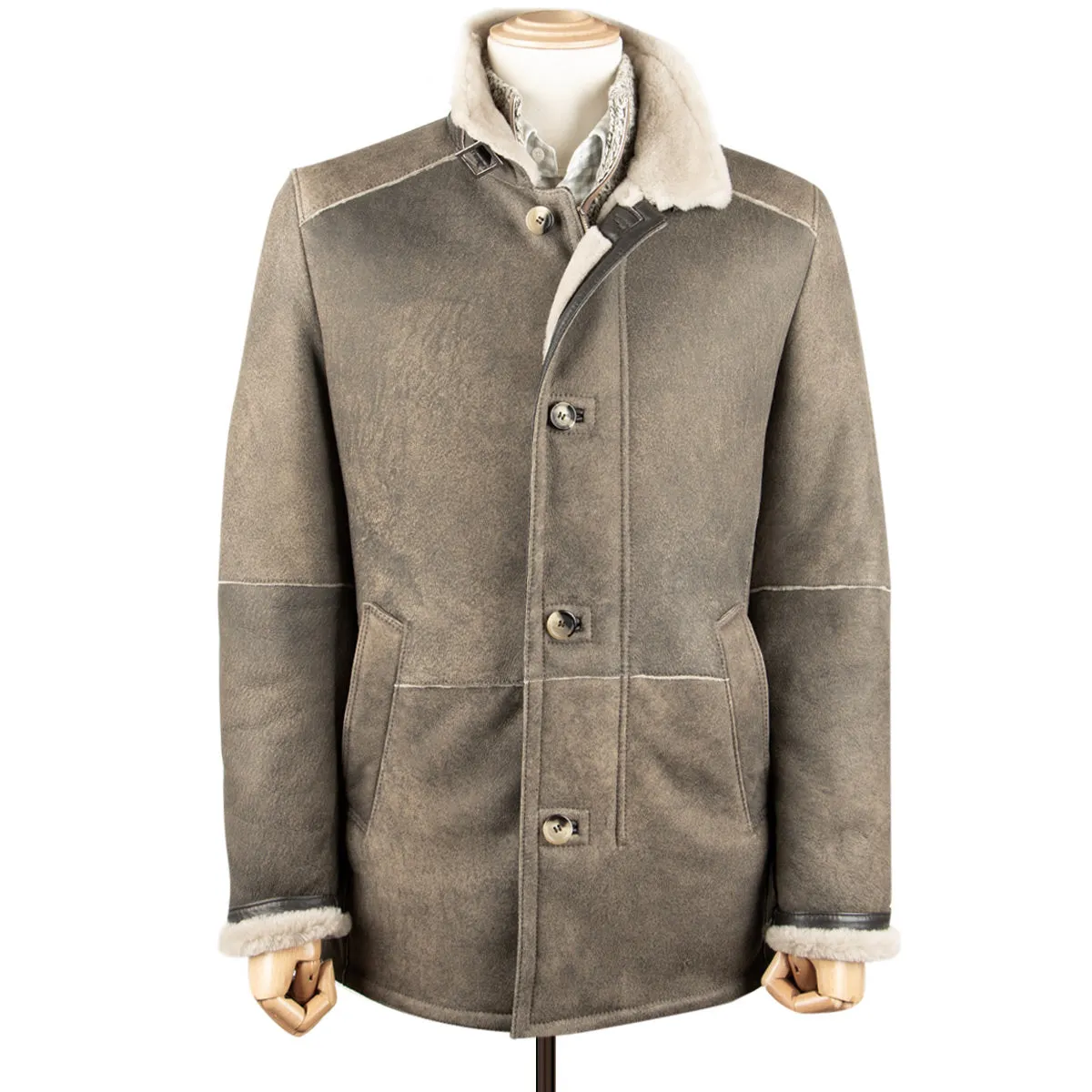 Khaki Green Shearling Mid Length Leather Jacket