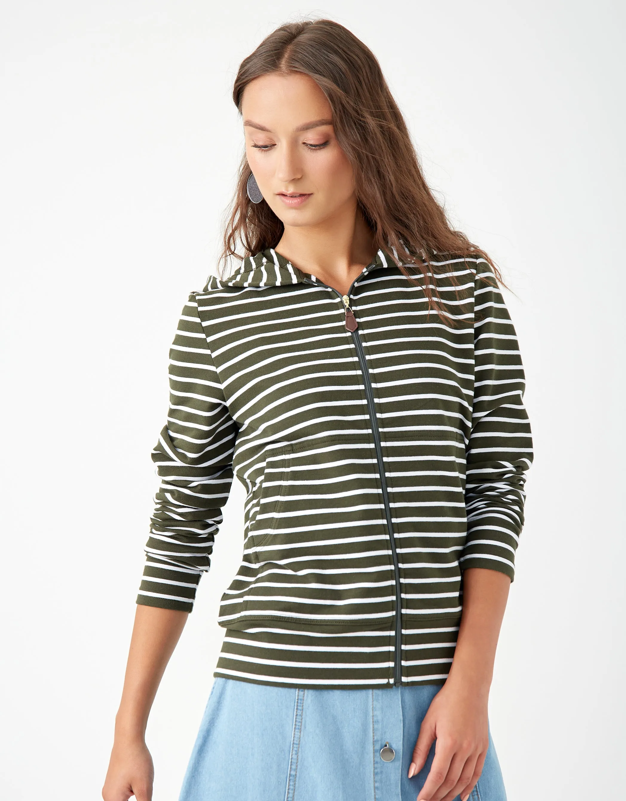 Light French Terry Striped Kanga Zip Hoodie Olive White