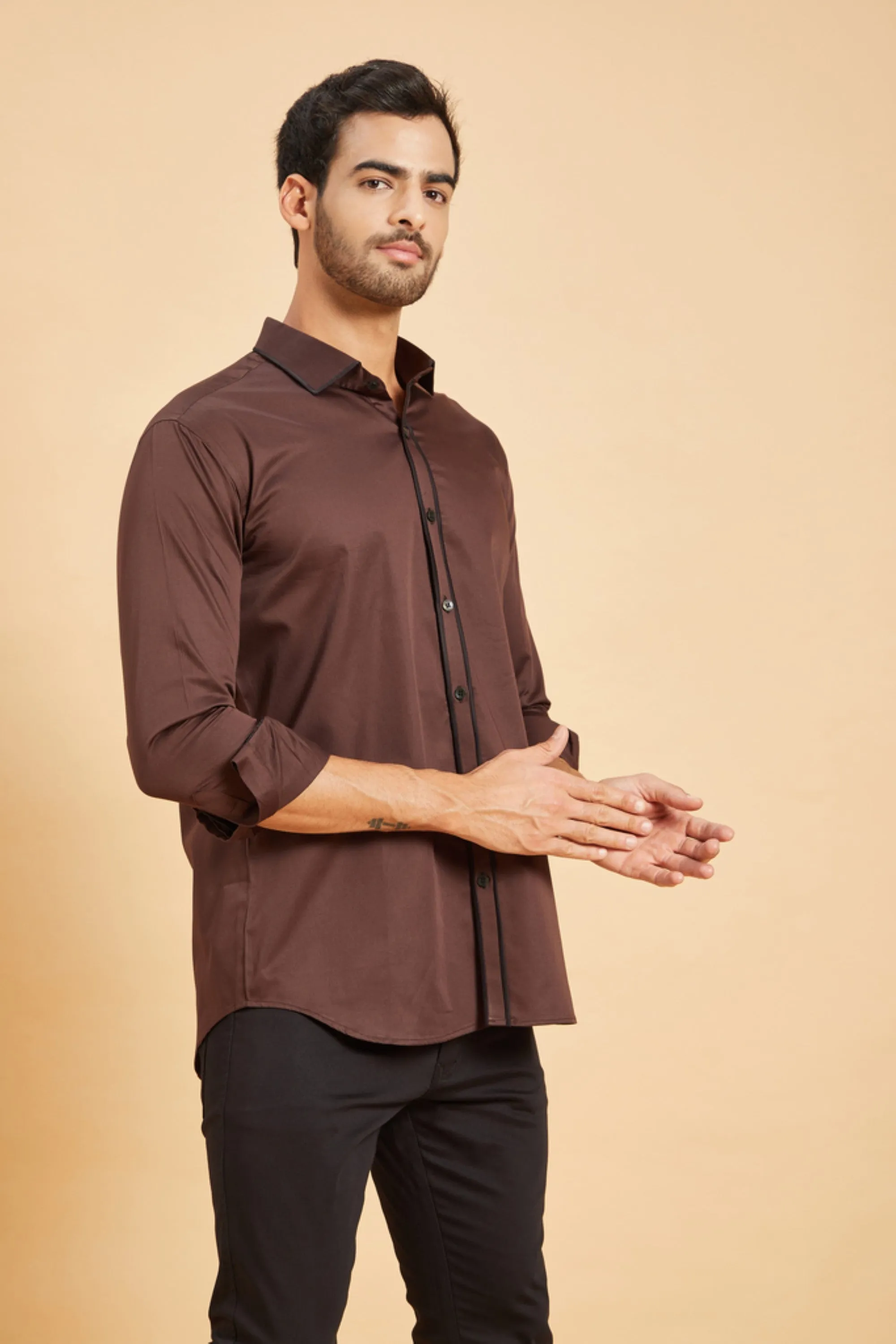 Men's Brown Color Brunette Pattern Shirt Full Sleeves Casual Shirt - Hilo Design