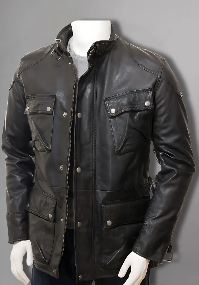 Mens Cafe Racer Biker Distressed Leather Jacket Coat