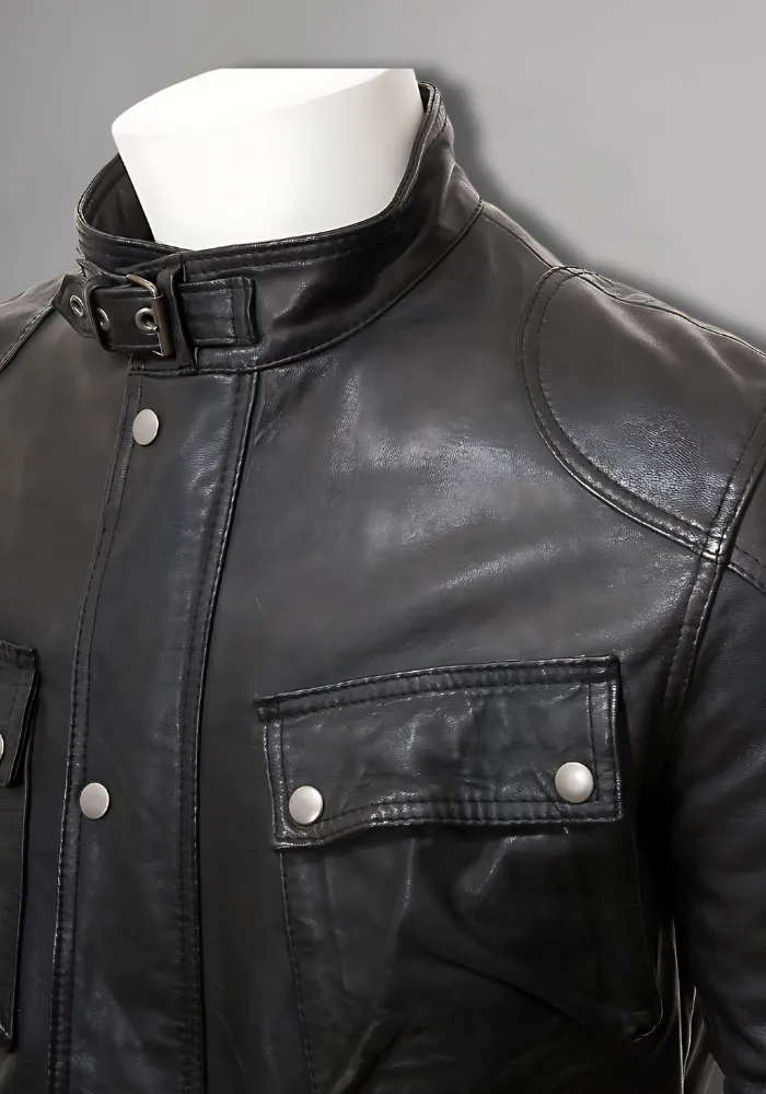 Mens Cafe Racer Biker Distressed Leather Jacket Coat