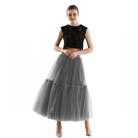 Pleated A-Line Tulle Maxi Skirt with Belt