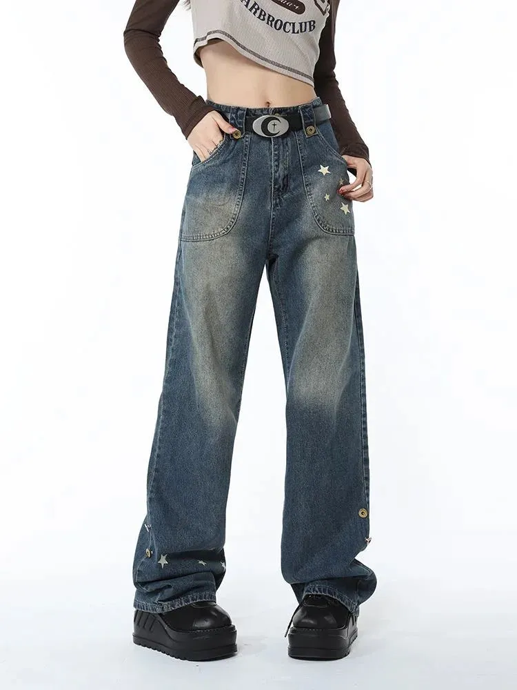 Retro Thin Trendy Wide-leg Five-point Star Raw Edge Jeans