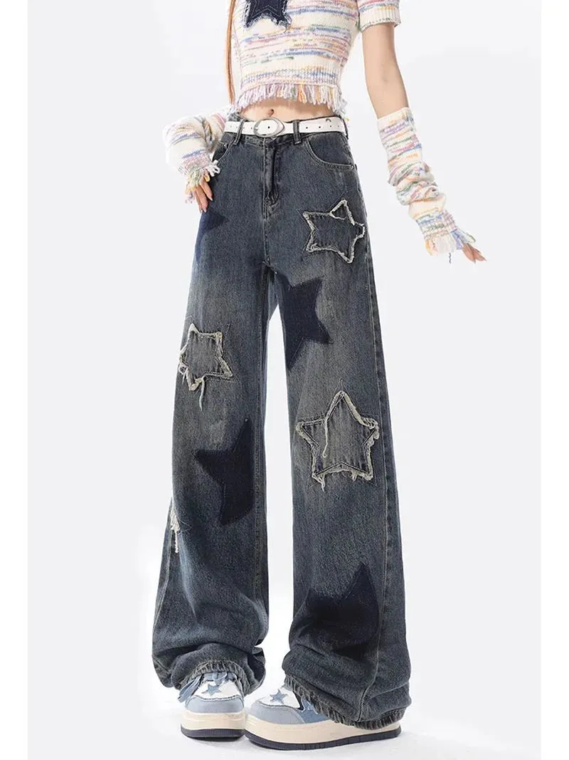 Retro Thin Trendy Wide-leg Five-point Star Raw Edge Jeans