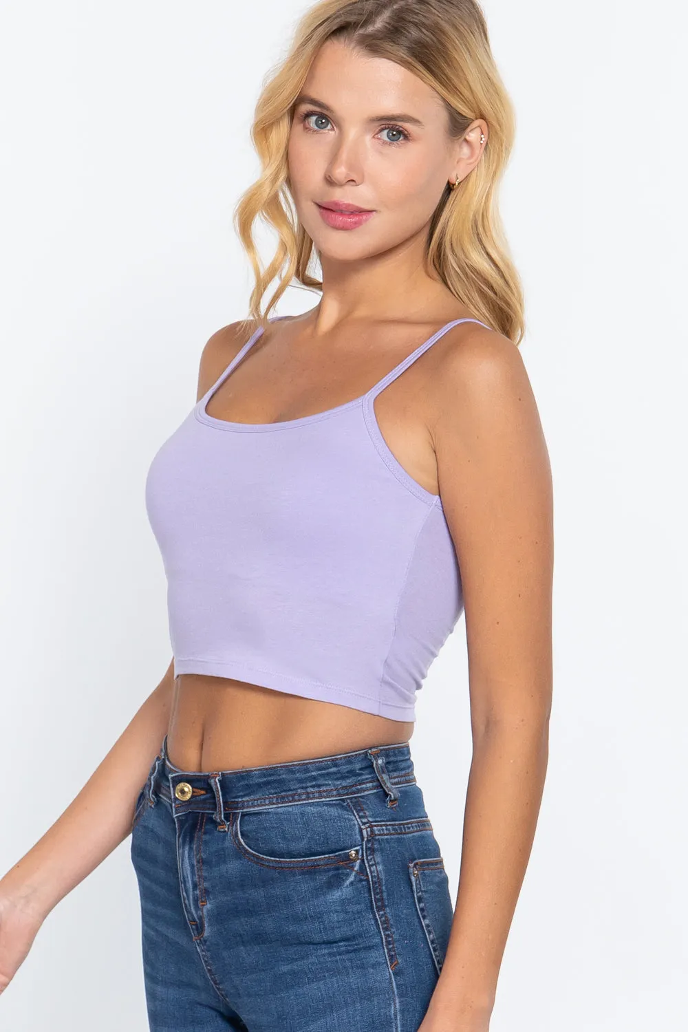 Round Neck W/removable Bra Cup Cotton Spandex Bra Top - 17 colors - Ships from The USA