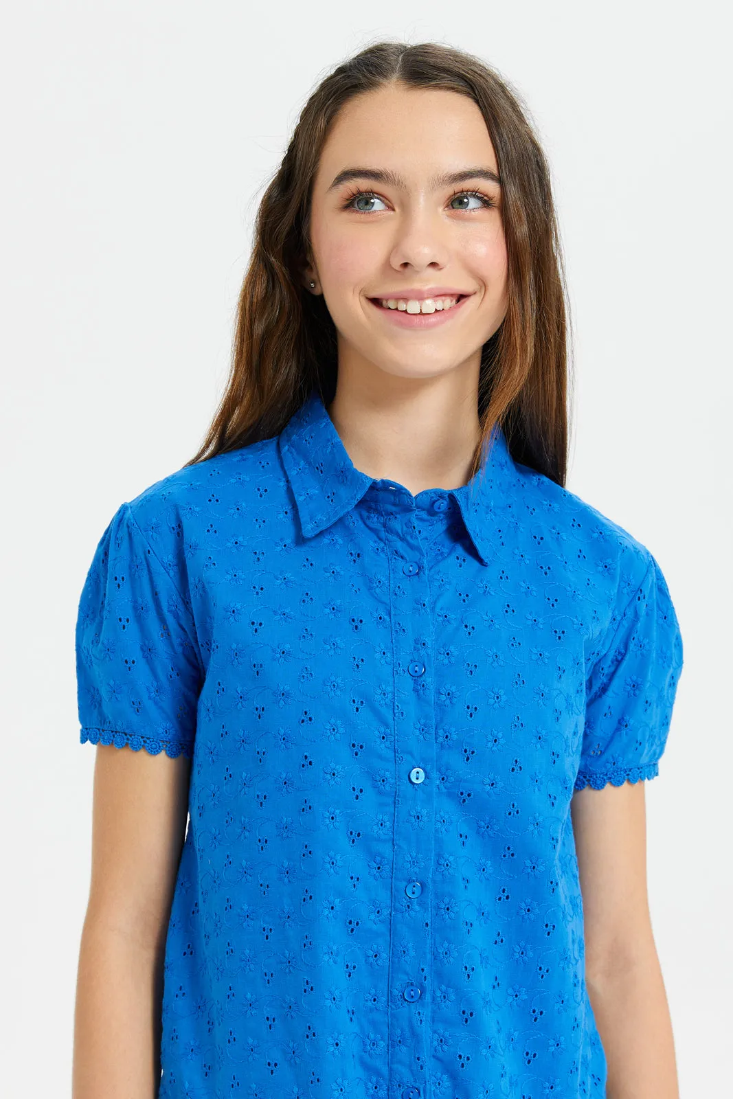 Senior Girls Blue Embossed Front Tie Blouse