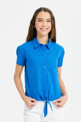 Senior Girls Blue Embossed Front Tie Blouse