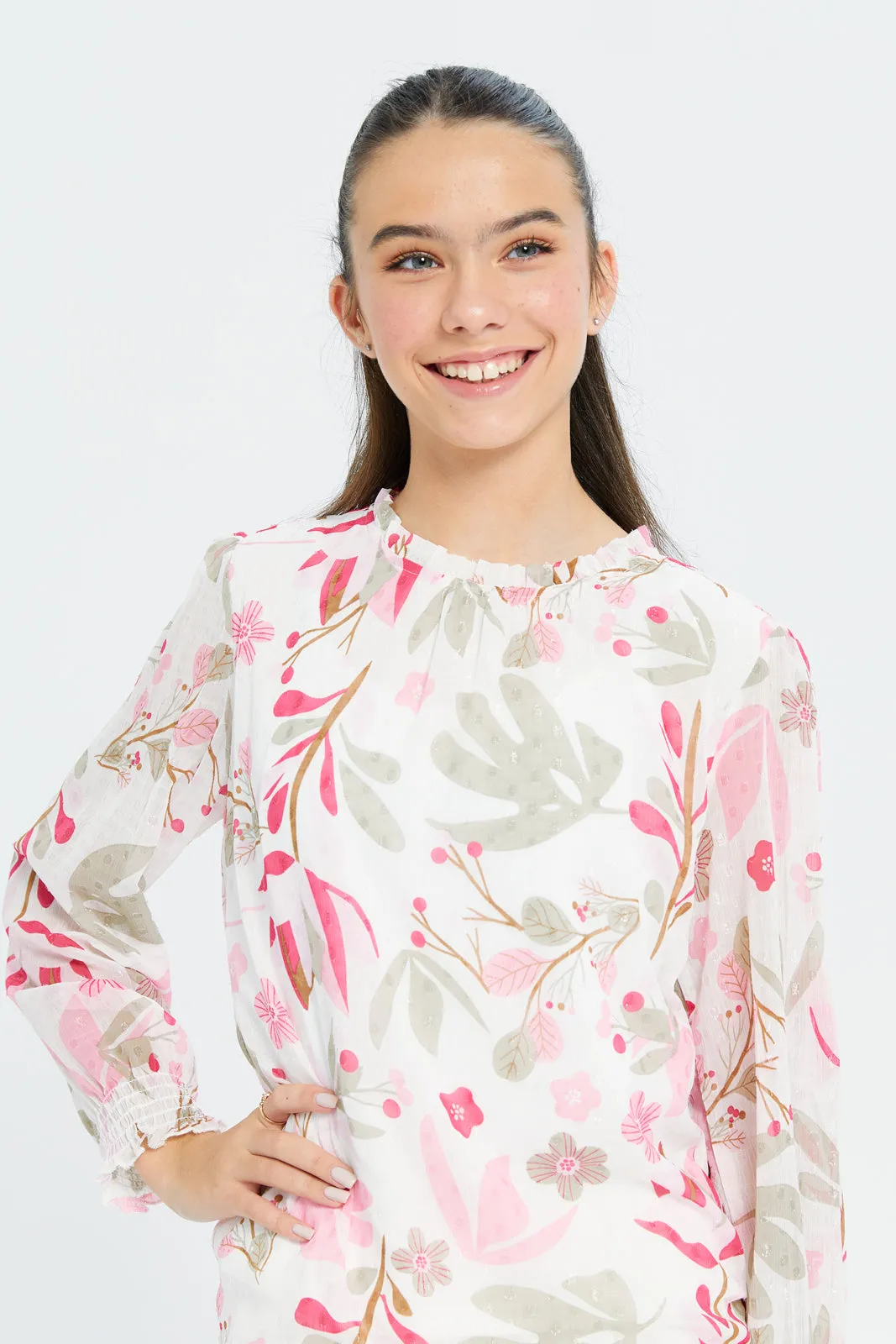 Senior Girls White Floral Printed Top