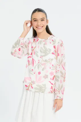 Senior Girls White Floral Printed Top