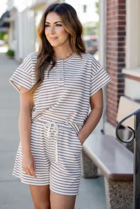 Striped Tri Button Relaxed Tee