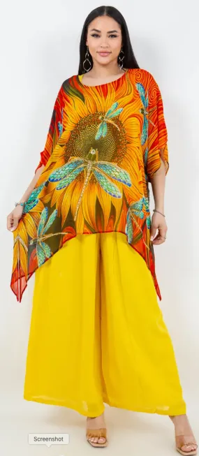 SunFlowers and Dragonflies Oversize Tunic Top Lagenlook Boho Hippie Chic SML-6X 