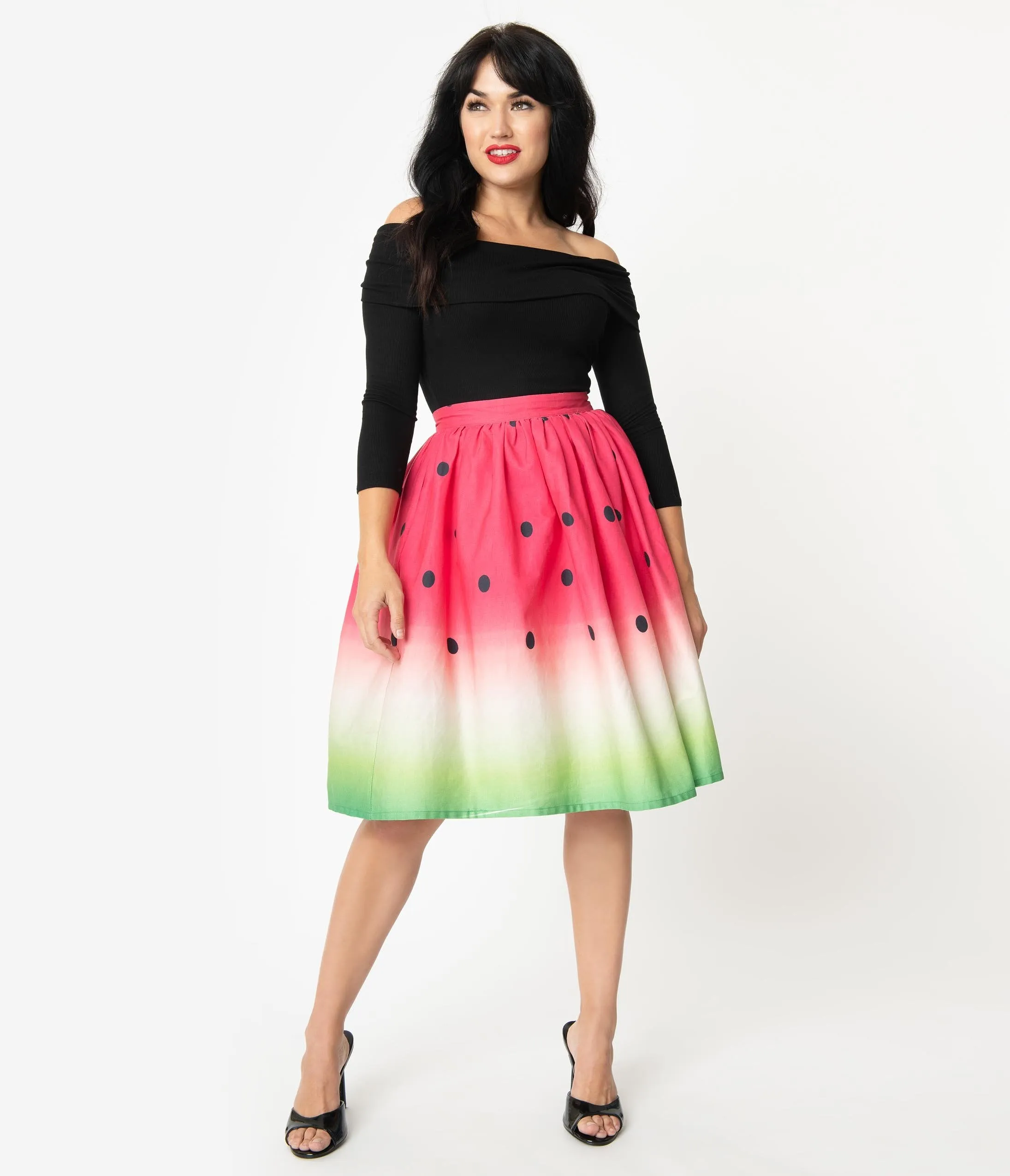 Unique Vintage 1950s High Waist Watermelon Circle Swing Skirt