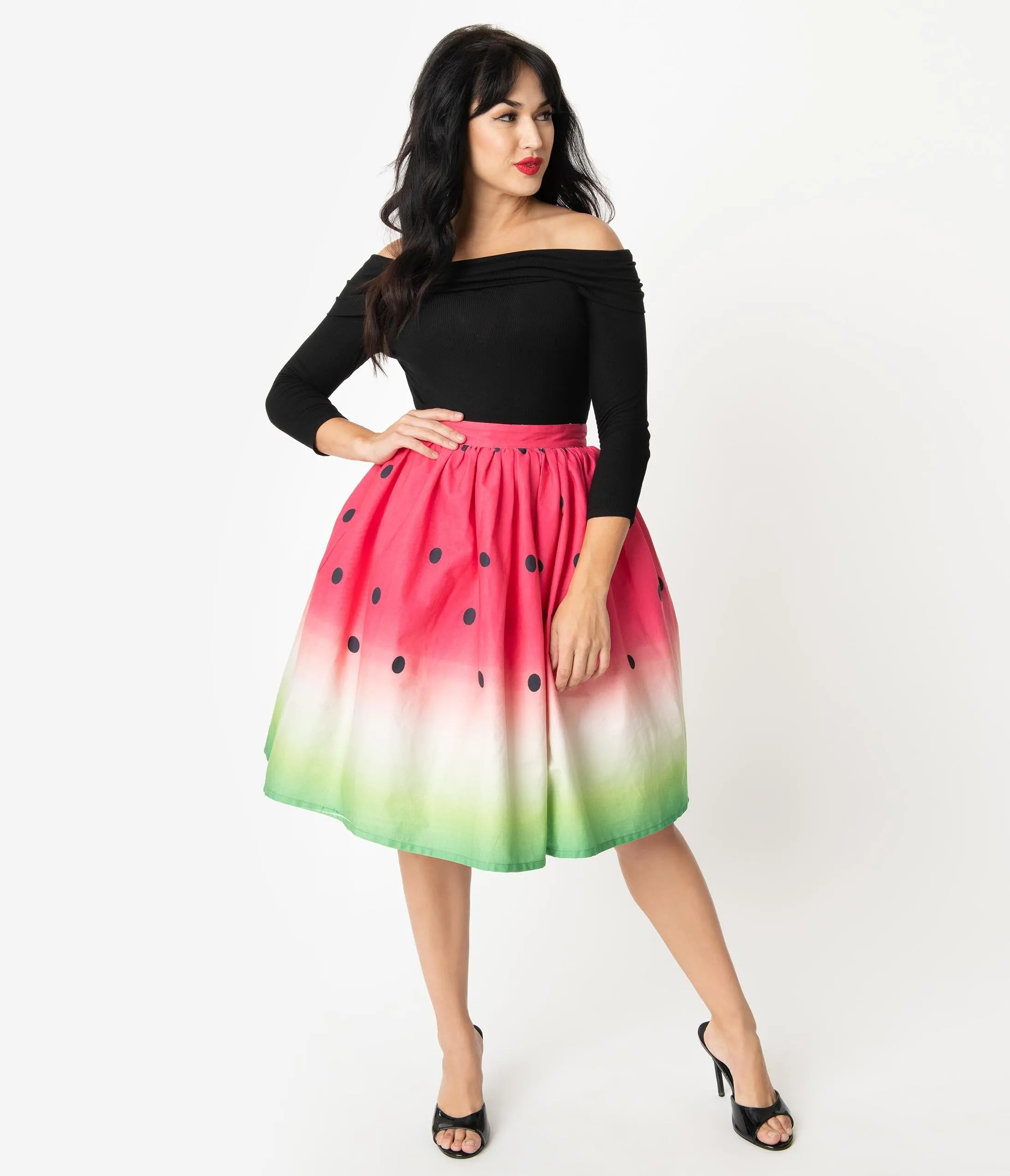 Unique Vintage 1950s High Waist Watermelon Circle Swing Skirt