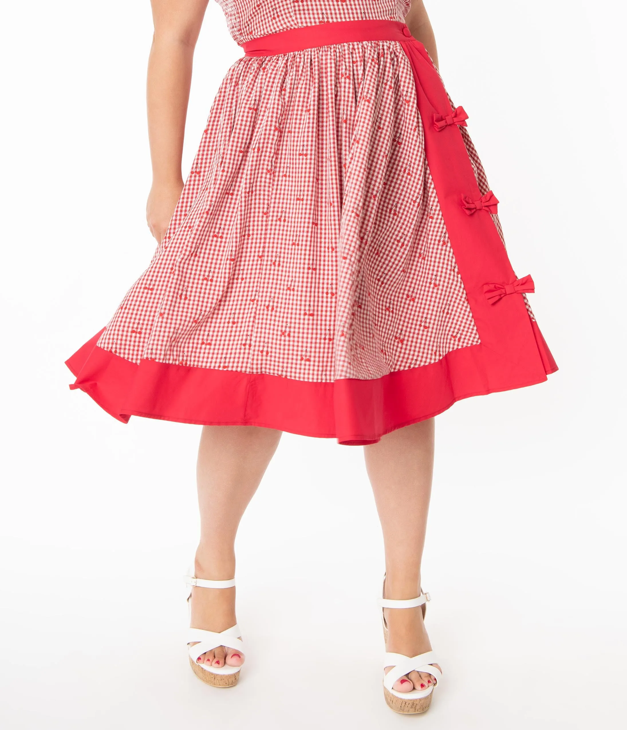 Unique Vintage Plus Size Red Gingham & Cherry Print Rye Swing Skirt