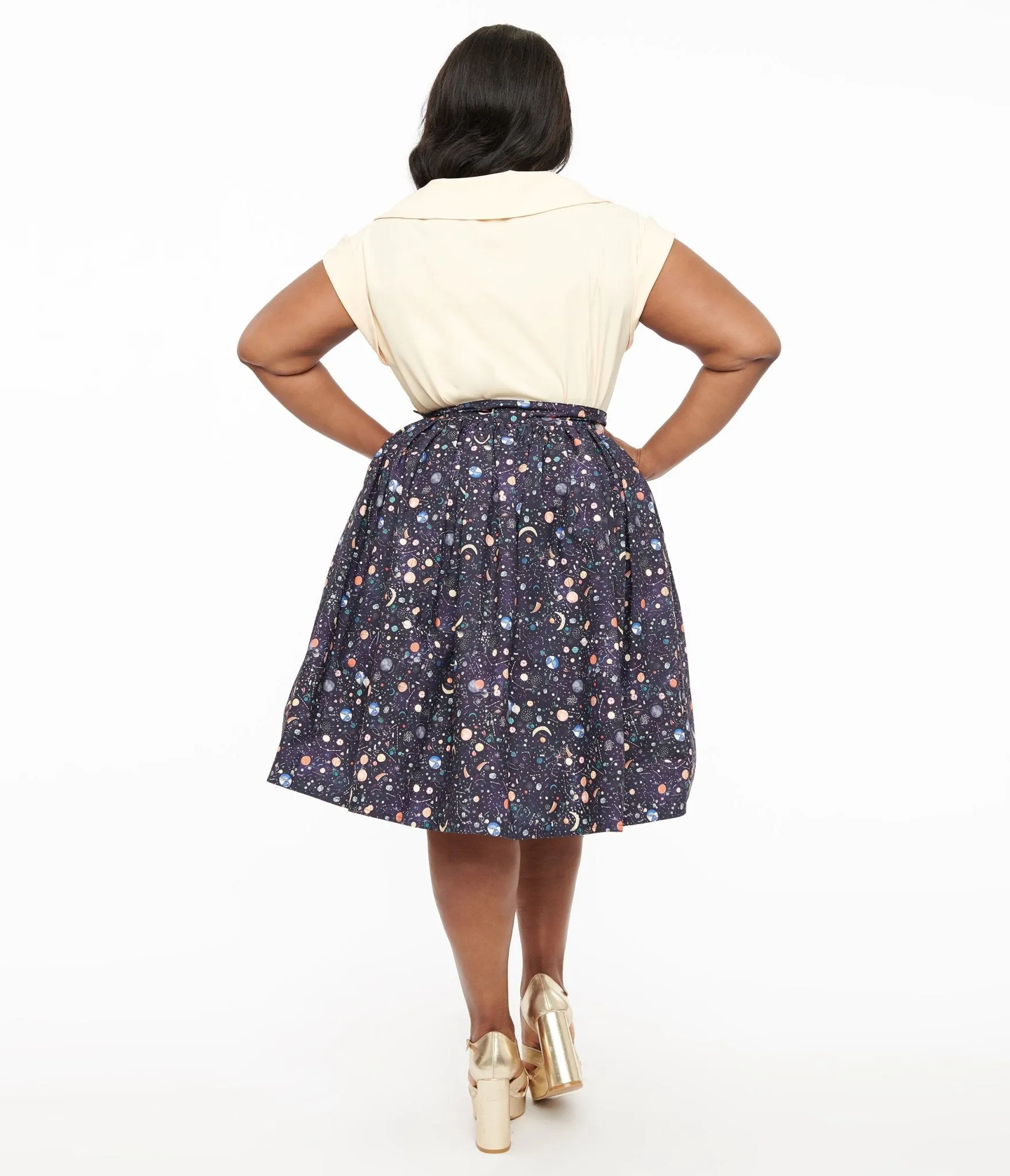 Unique Vintage Plus Size Space Print Gellar Swing Skirt