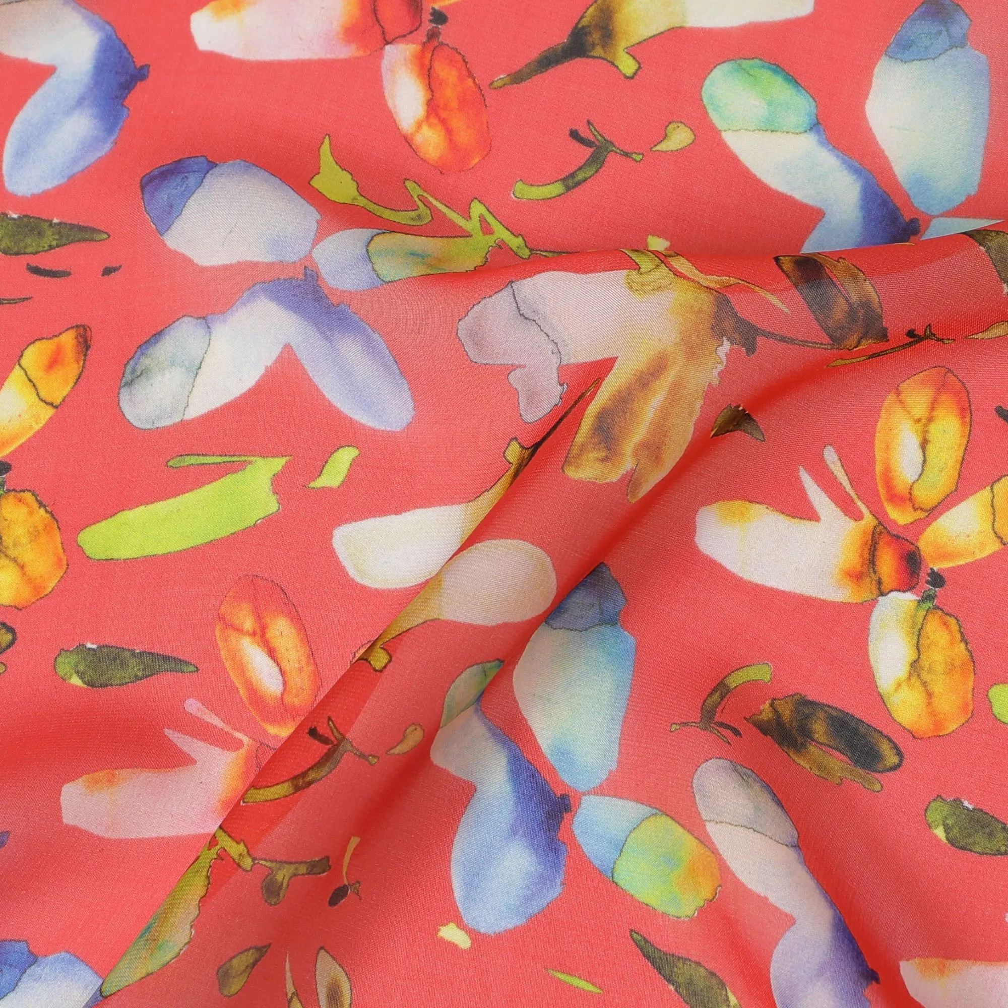 Vibrant Coral Synthetic Chiffon Fabric with Blue and Yellow Floral Print, 140 cm Wide-D19123