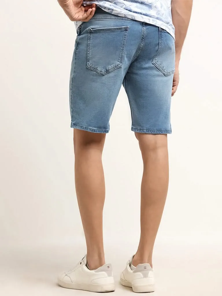 WES Casuals Light Blue Relaxed Fit Cotton Blend Mid Rise Shorts