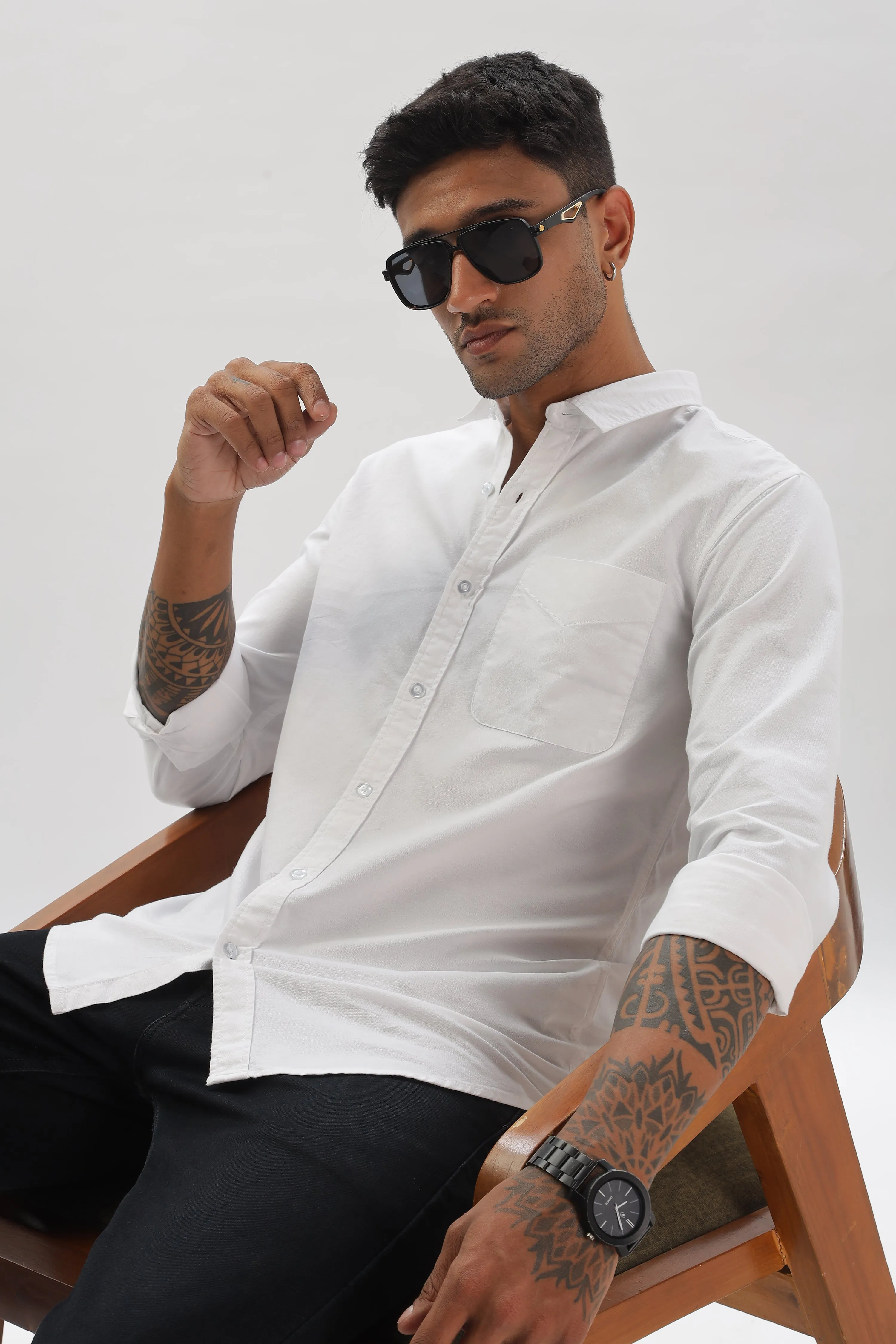 White Regular Fit Plain Full Sleeve Shirt