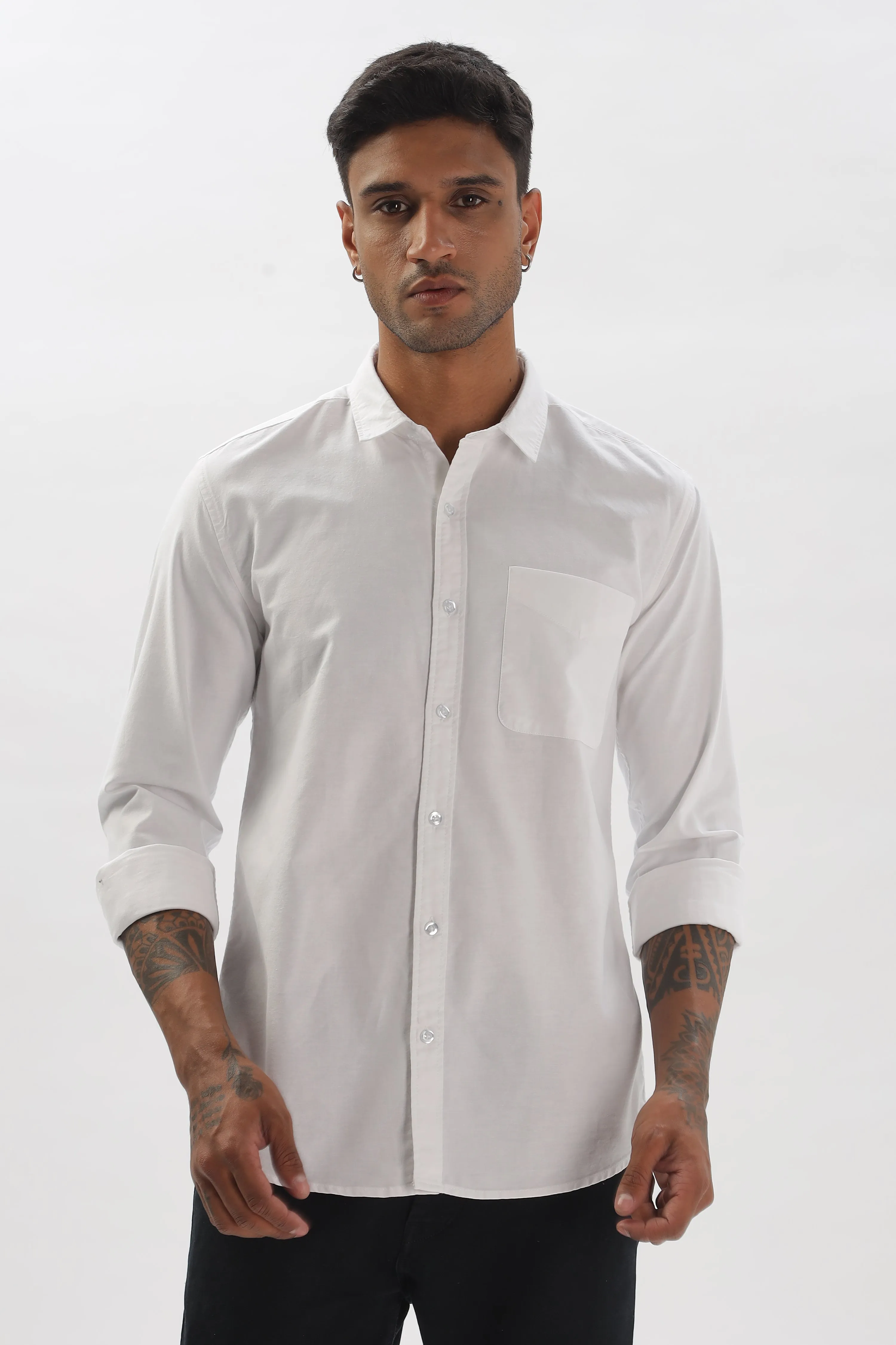 White Regular Fit Plain Full Sleeve Shirt