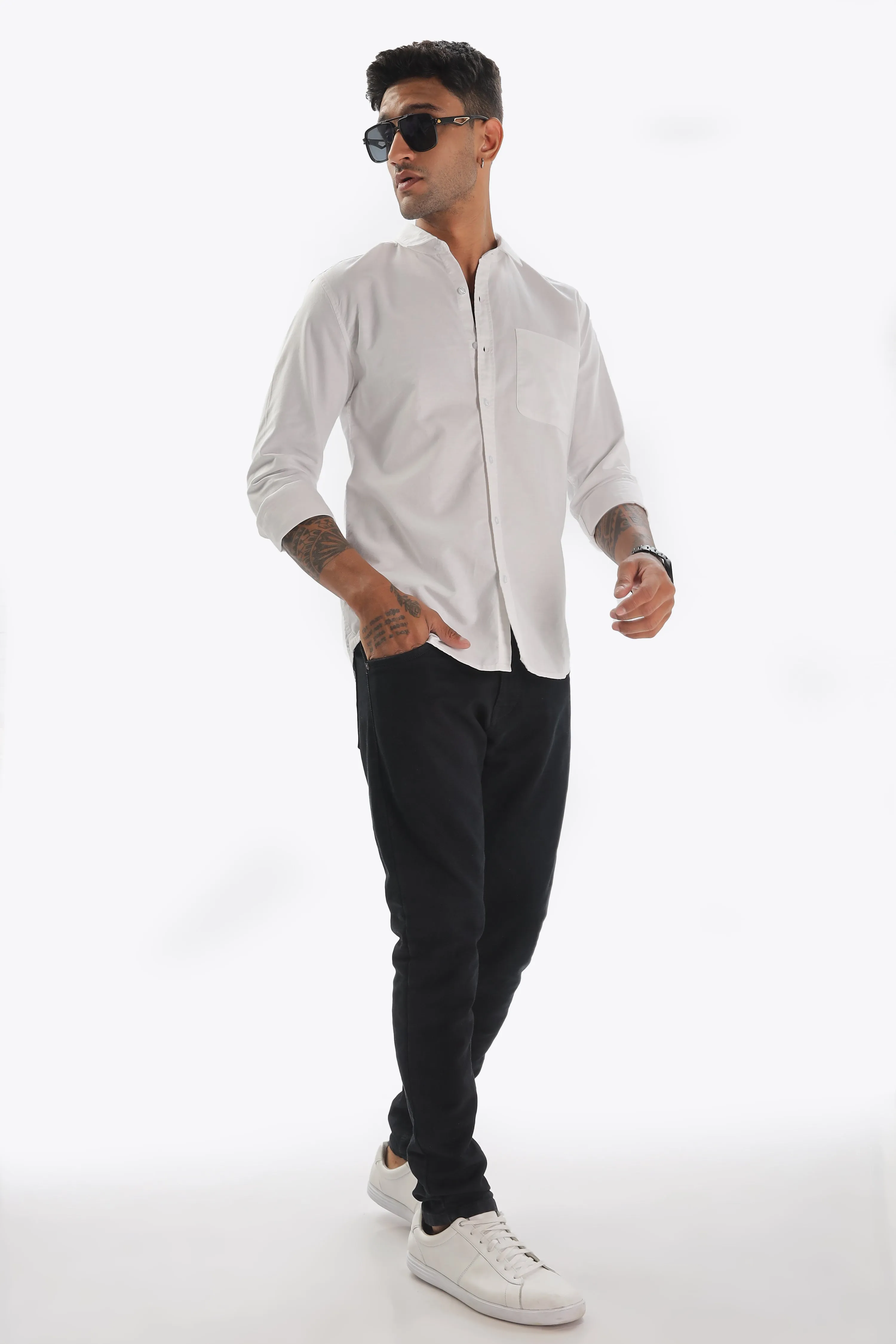 White Regular Fit Plain Full Sleeve Shirt