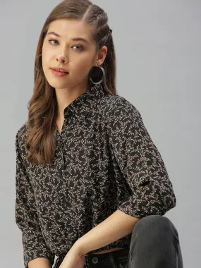 Women Collared Printed Black Shirts