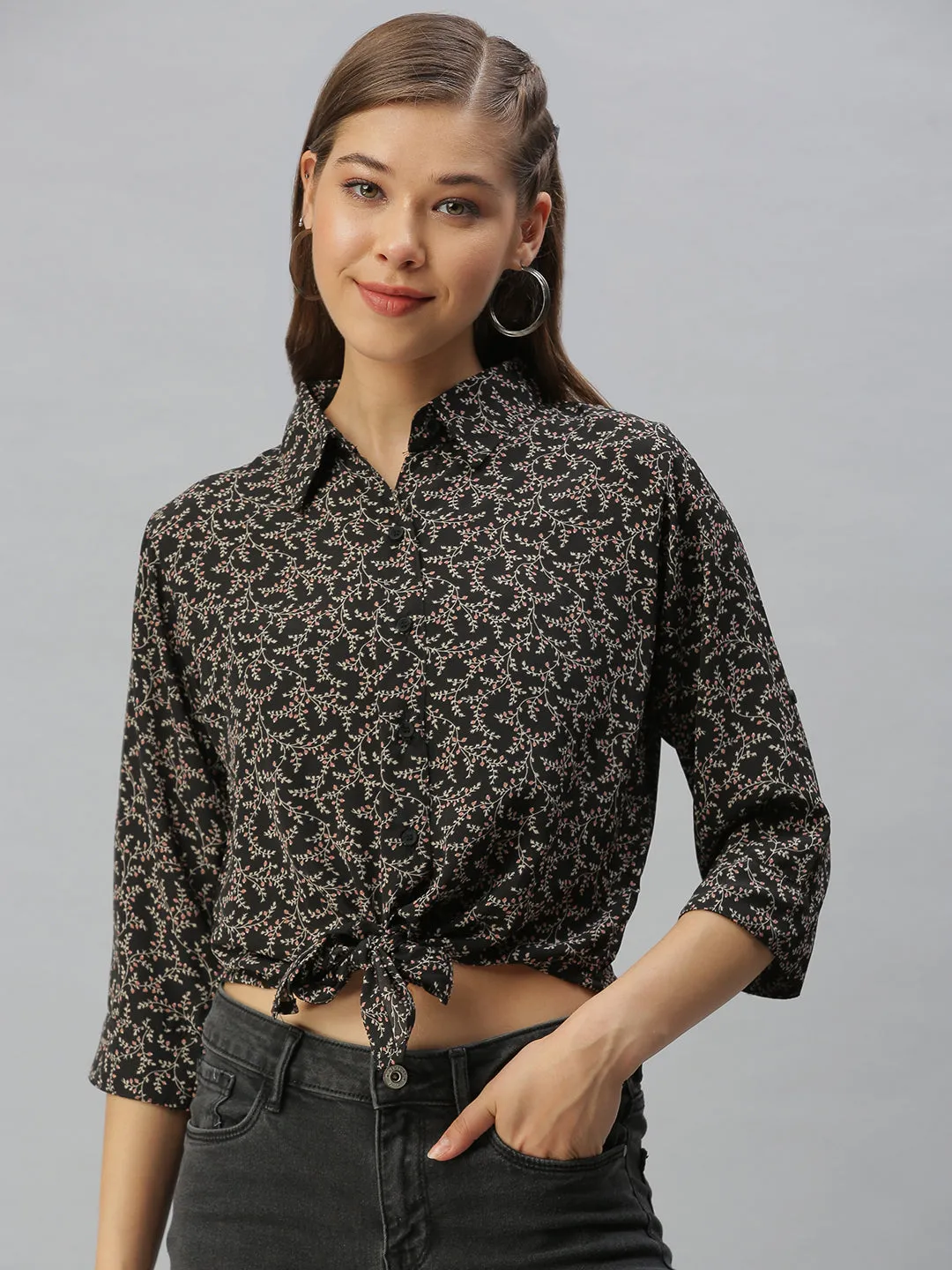 Women Collared Printed Black Shirts